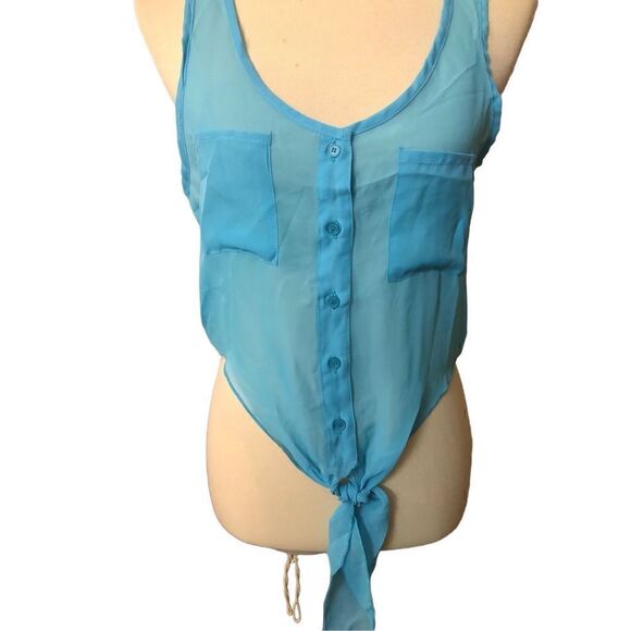 Wet Seal pale blue button down racer back sheer crop top tie front - Picture 2 of 8